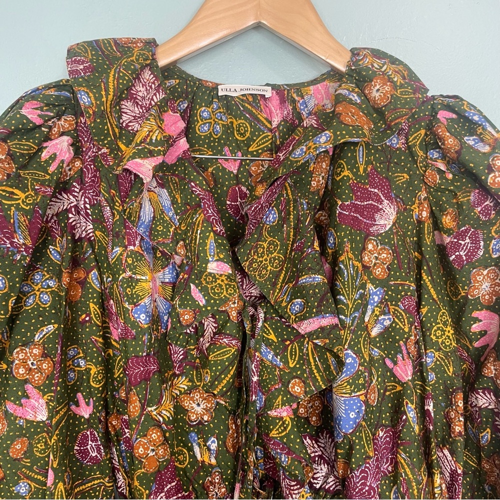Ulla Johnson Willa Puff Sleeve Cotton Blouse Pine Green Floral Size 6 - Picture 3 of 11